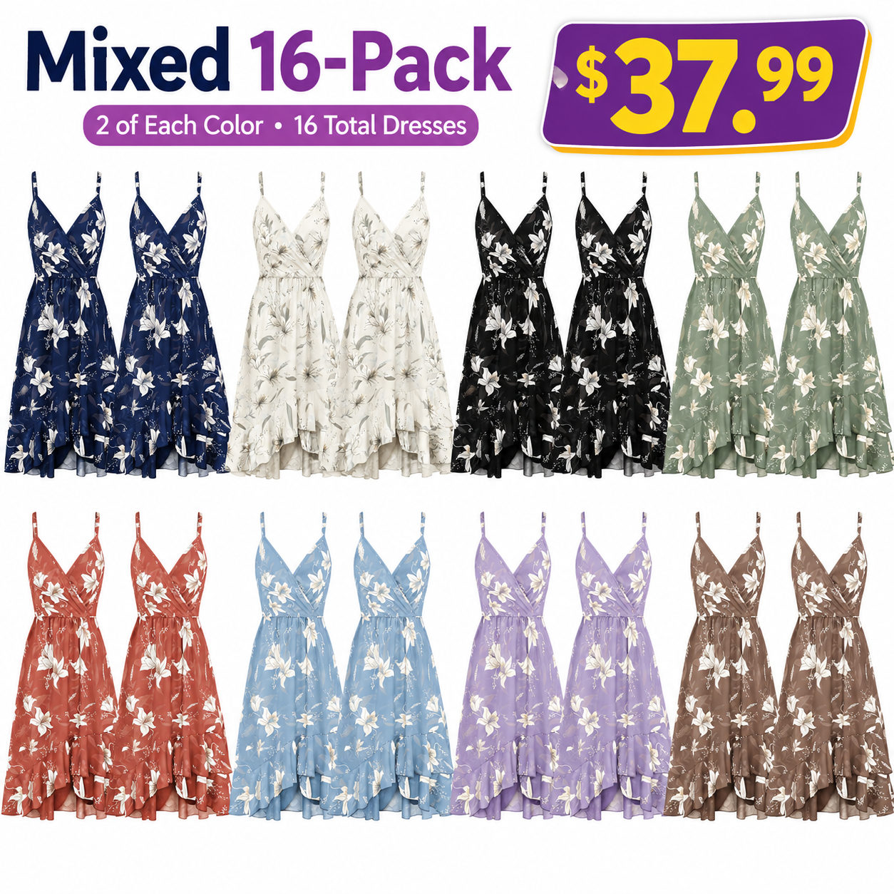 Sky Blue Lily Floral V-neck ruffle-hem summer dress