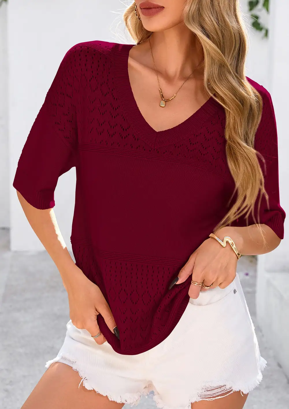 Women's ShortSleeve Sweater Tops SpringSummer Casual V Neck Ribbed KnitTrendy Eyelet Blouse T Shirts