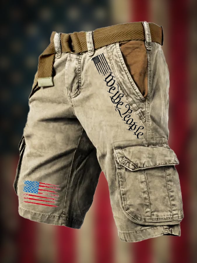 🔥Last Day 80% OFF🔥Men's Vintage Flag Independence Day Multi-Pocket Print Cargo Shorts (Belt Included)