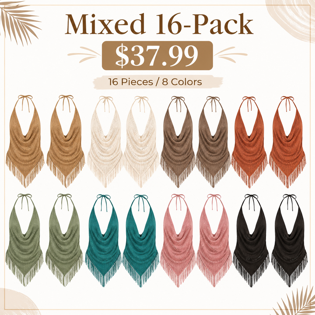 Mixed 16-Pack boho crochet halter fringe top bundle