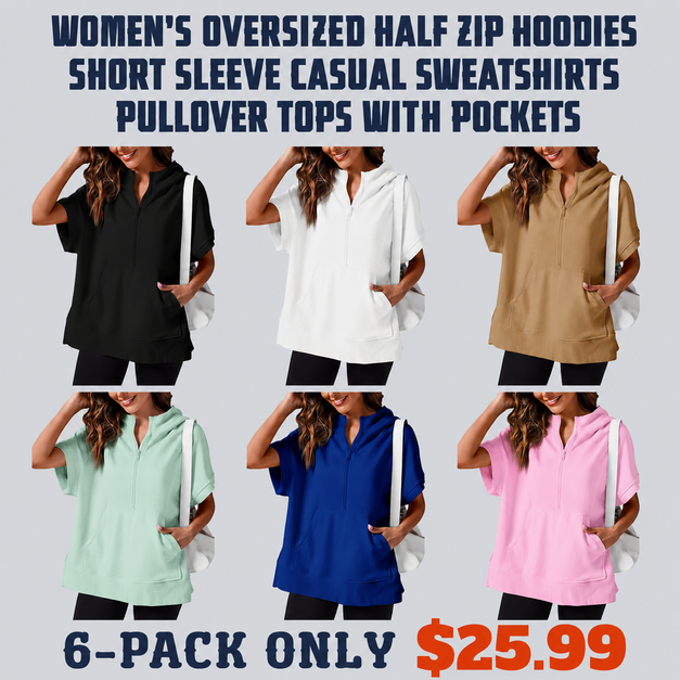 Women's Oversized Half Zip Hoodies Short Sleeve Casual Sweatshirts Pullover Tops with Pockets
