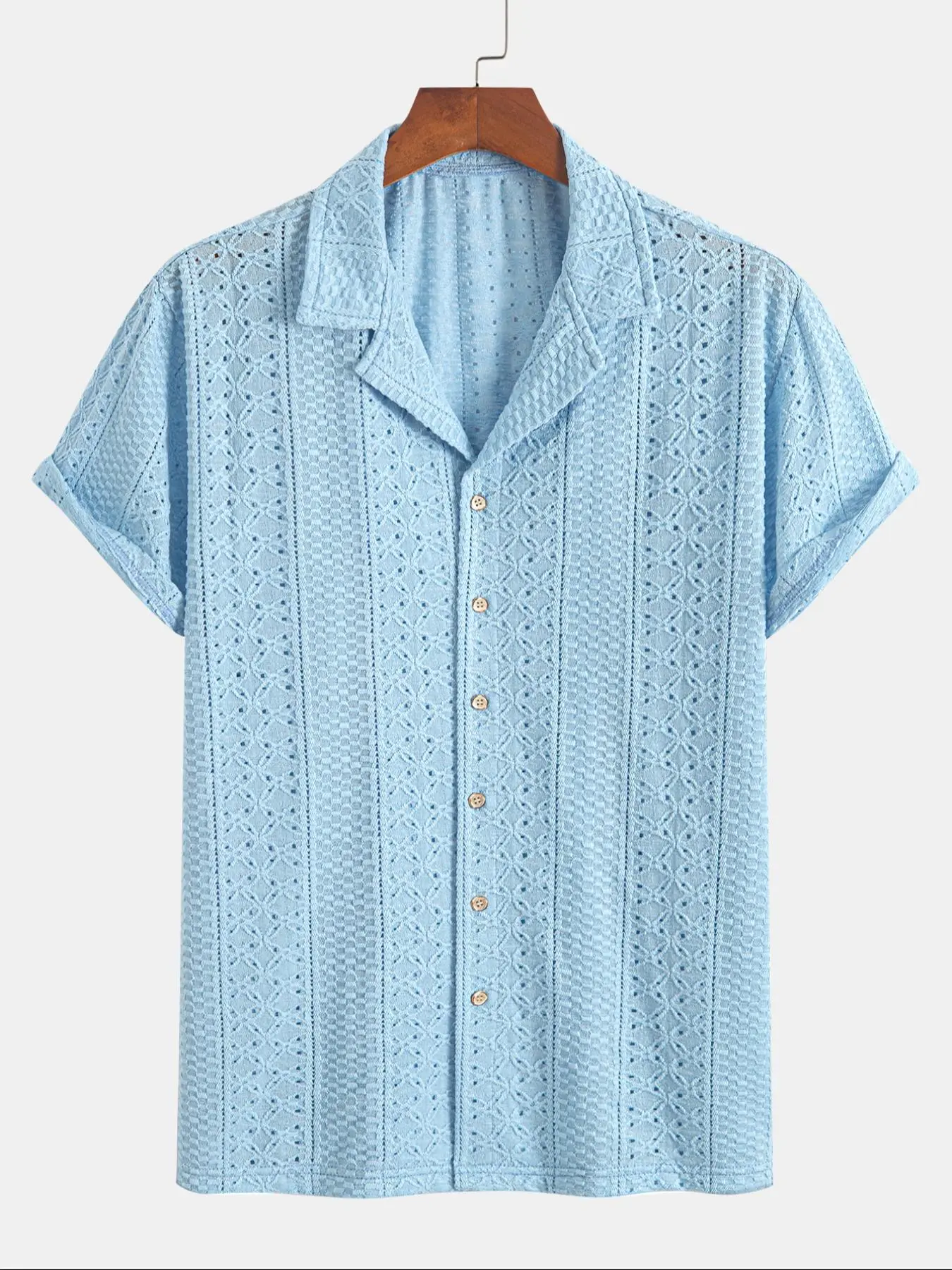 Men's Geometric Jacquard Short Sleeve Casual Shirt, Loose Breathable Relaxed Fit Casual Comfy Breathable Top for Summer