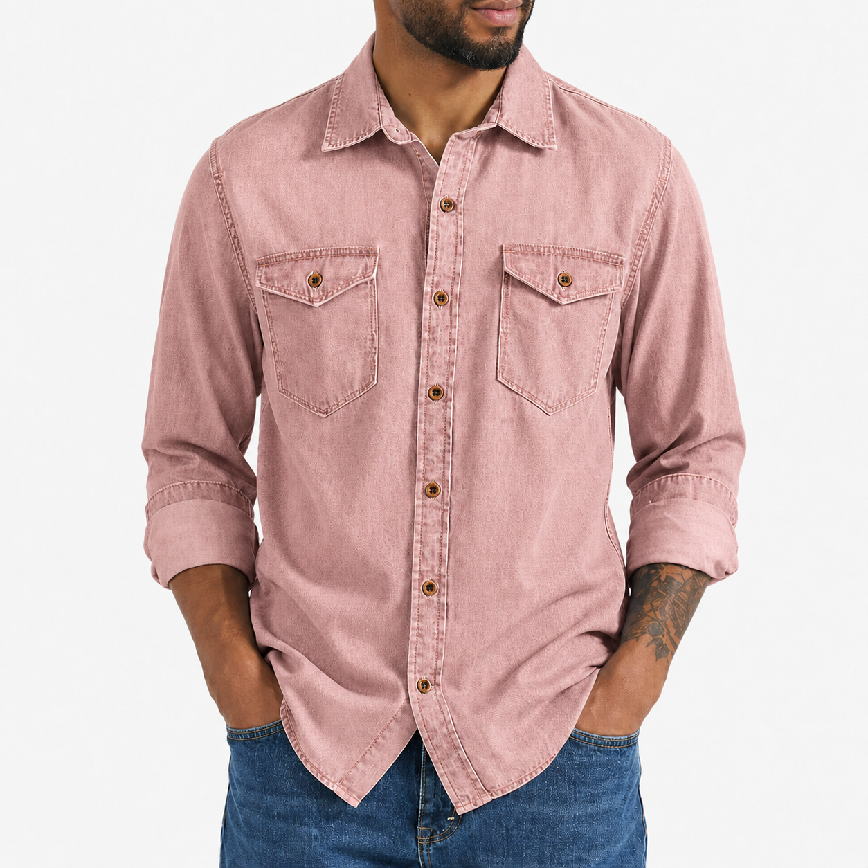 Dusty rose washed denim button-up shirt