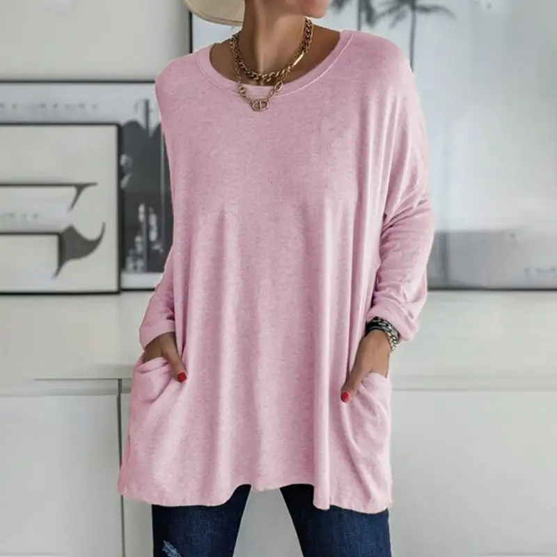 2026 Spring Summer New Round Neck Long Sleeve Pocket Solid T-Shirt