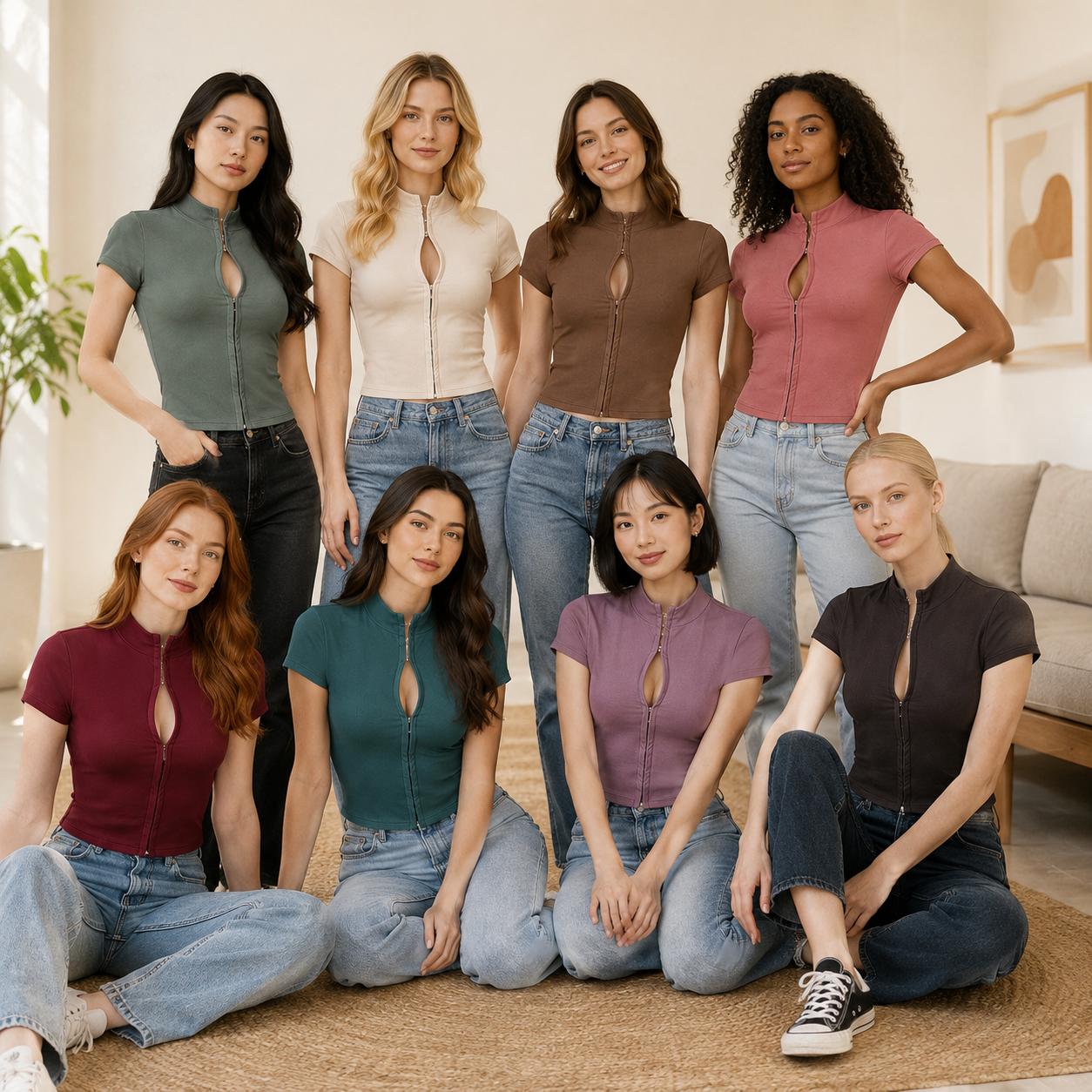 Eight models wearing the fitted hook front top in assorted colors
