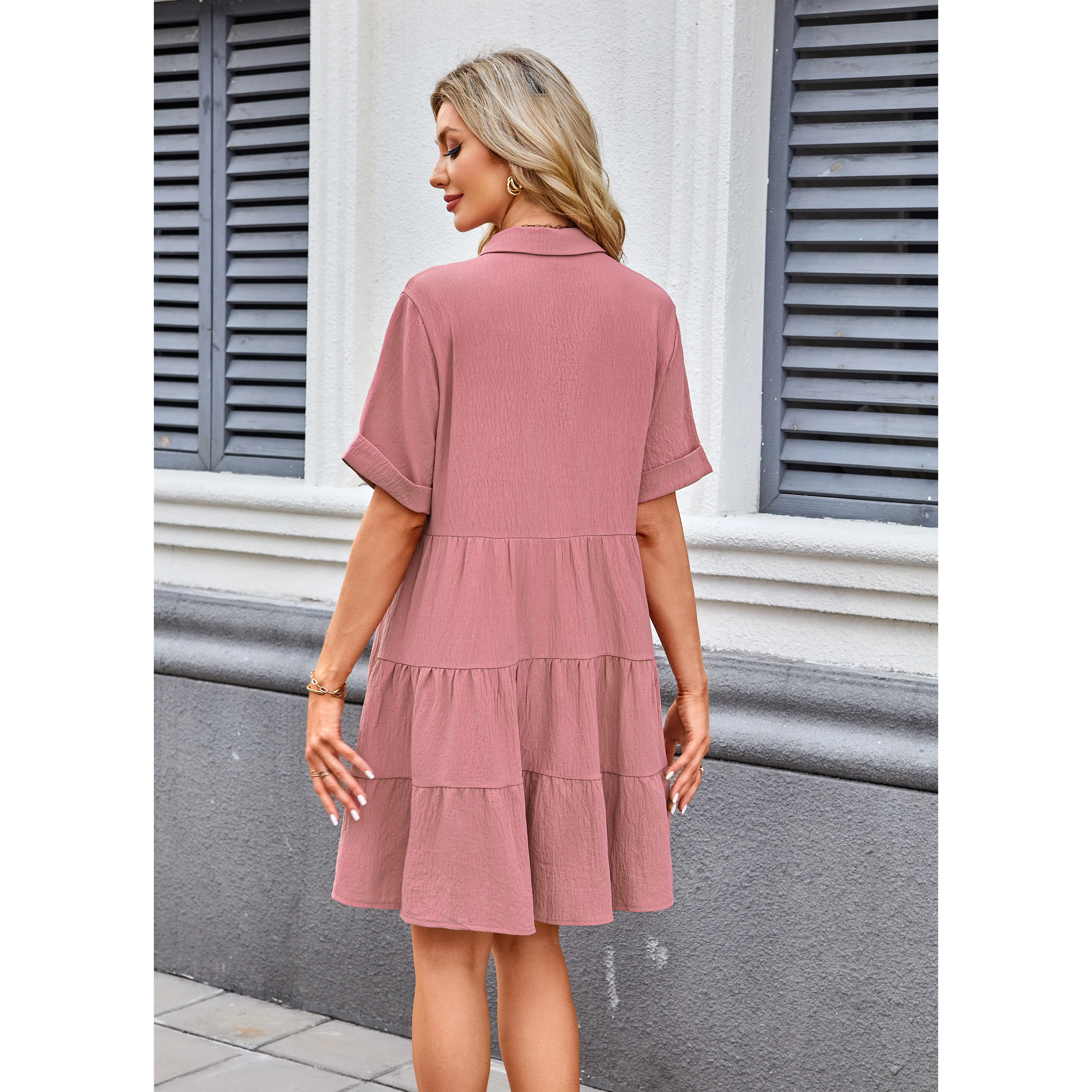 Babydoll Dress for Women Short Sleeve Button Down Textured Non-clingy Loose Fit Flowy Mini Dress with Pockets