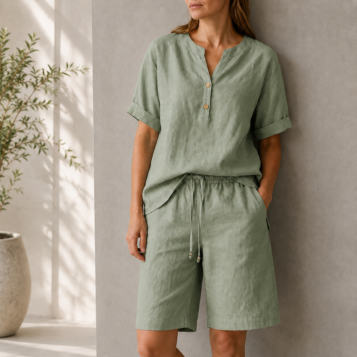 Sage Green relaxed top and shorts set