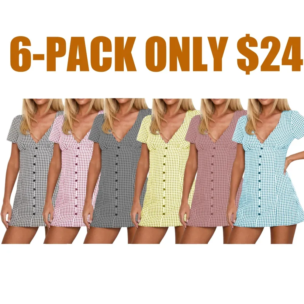 Women's Plaid Print Button Decor V Neck Shortsleeve
