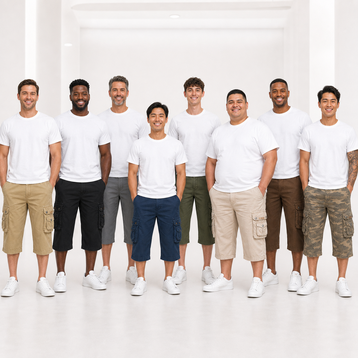 Group photo showing the cargo capri pants across multiple body types