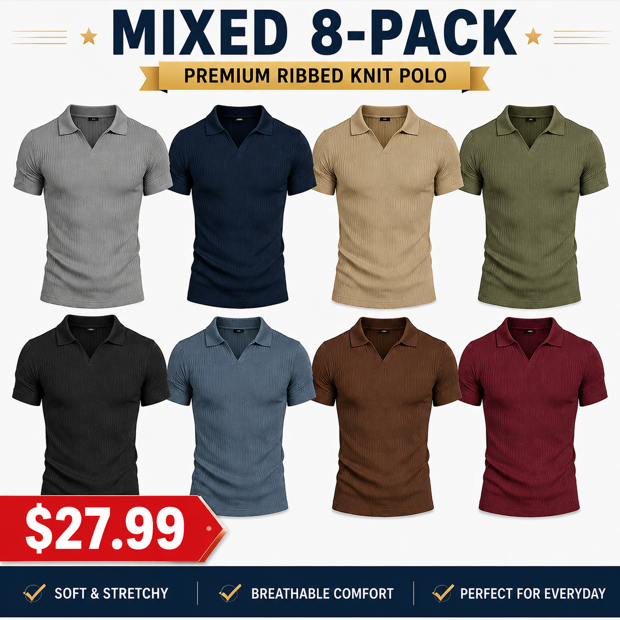 Mixed 8-Pack ribbed knit polo bundle for men