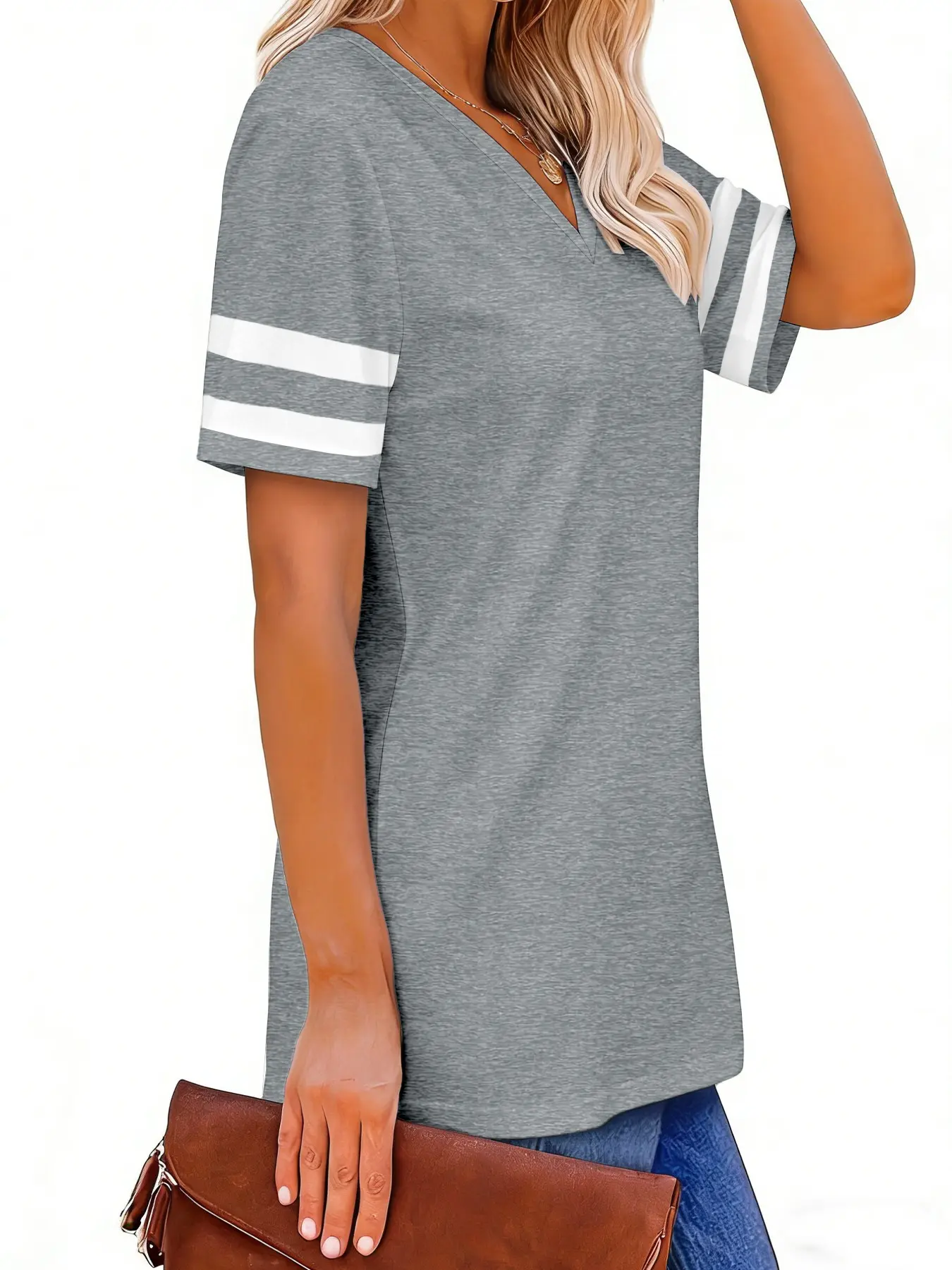 Women's Contrast Striped V Neck Short Sleeve Tee