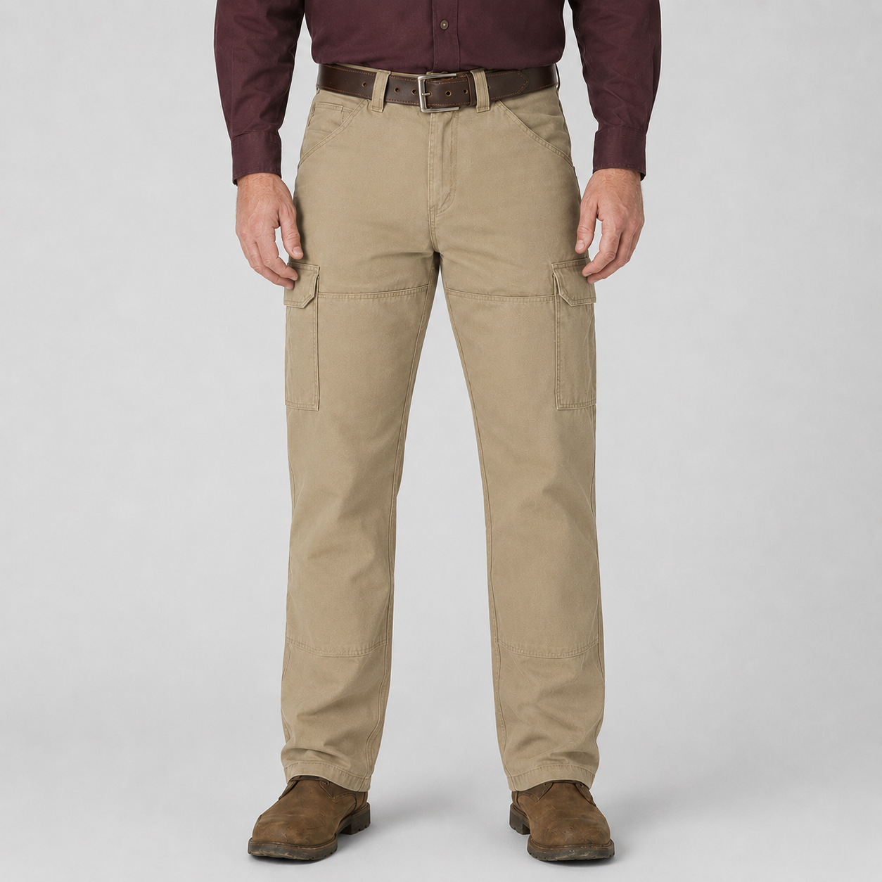 Stone beige relaxed-fit cargo utility pants front view