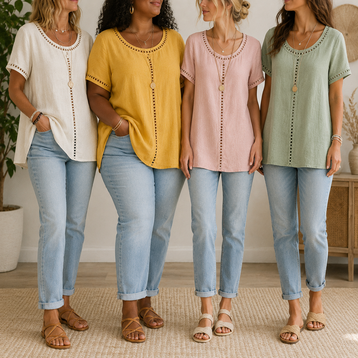 women wearing mixed color openwork trim blouses