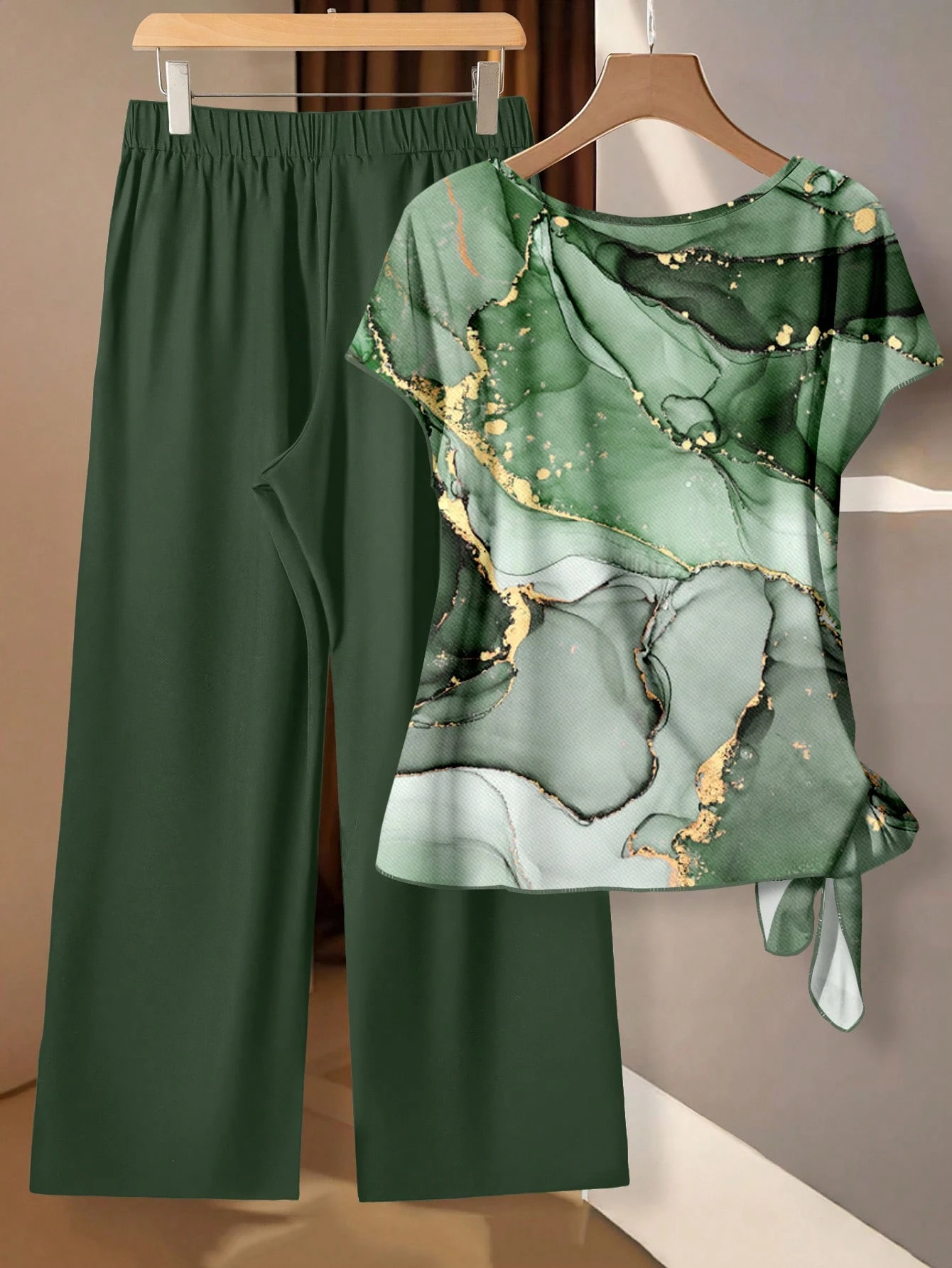 Women s Casual Printed Necktie Shirt & Loose Straight Pant Set