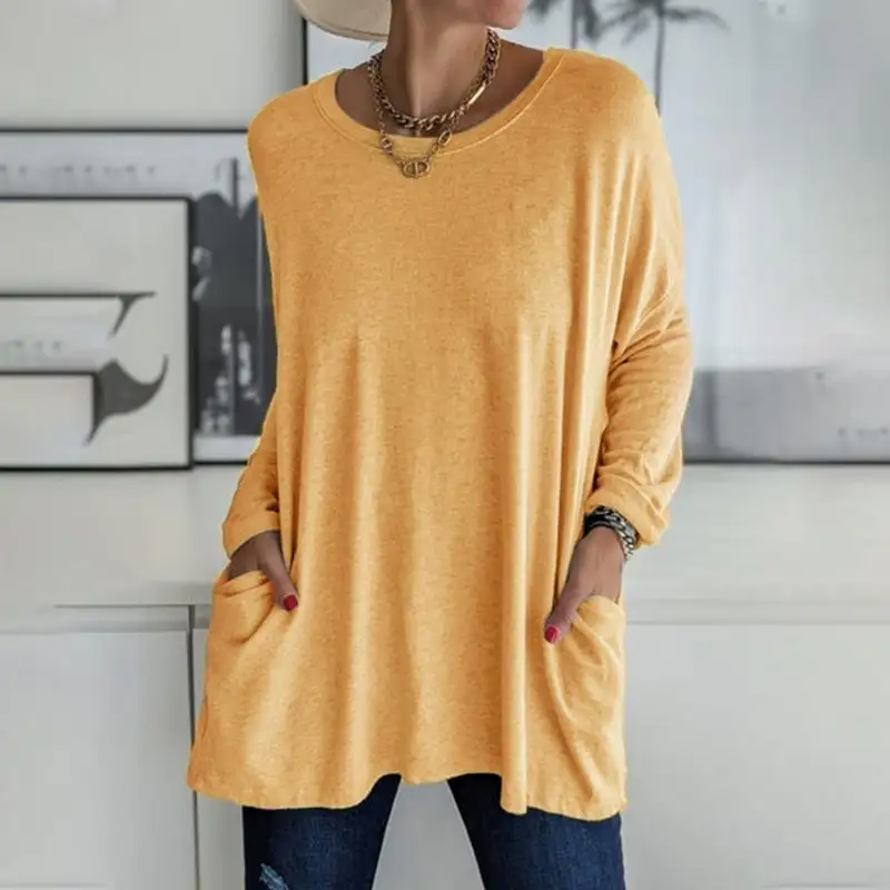 2026 Spring Summer New Round Neck Long Sleeve Pocket Solid T-Shirt