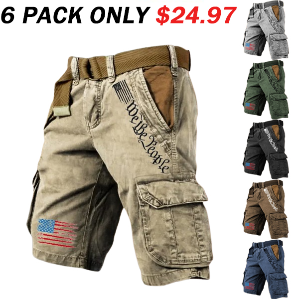 🔥Last Day 80% OFF🔥Men's Vintage Flag Independence Day Multi-Pocket Print Cargo Shorts (Belt Included)