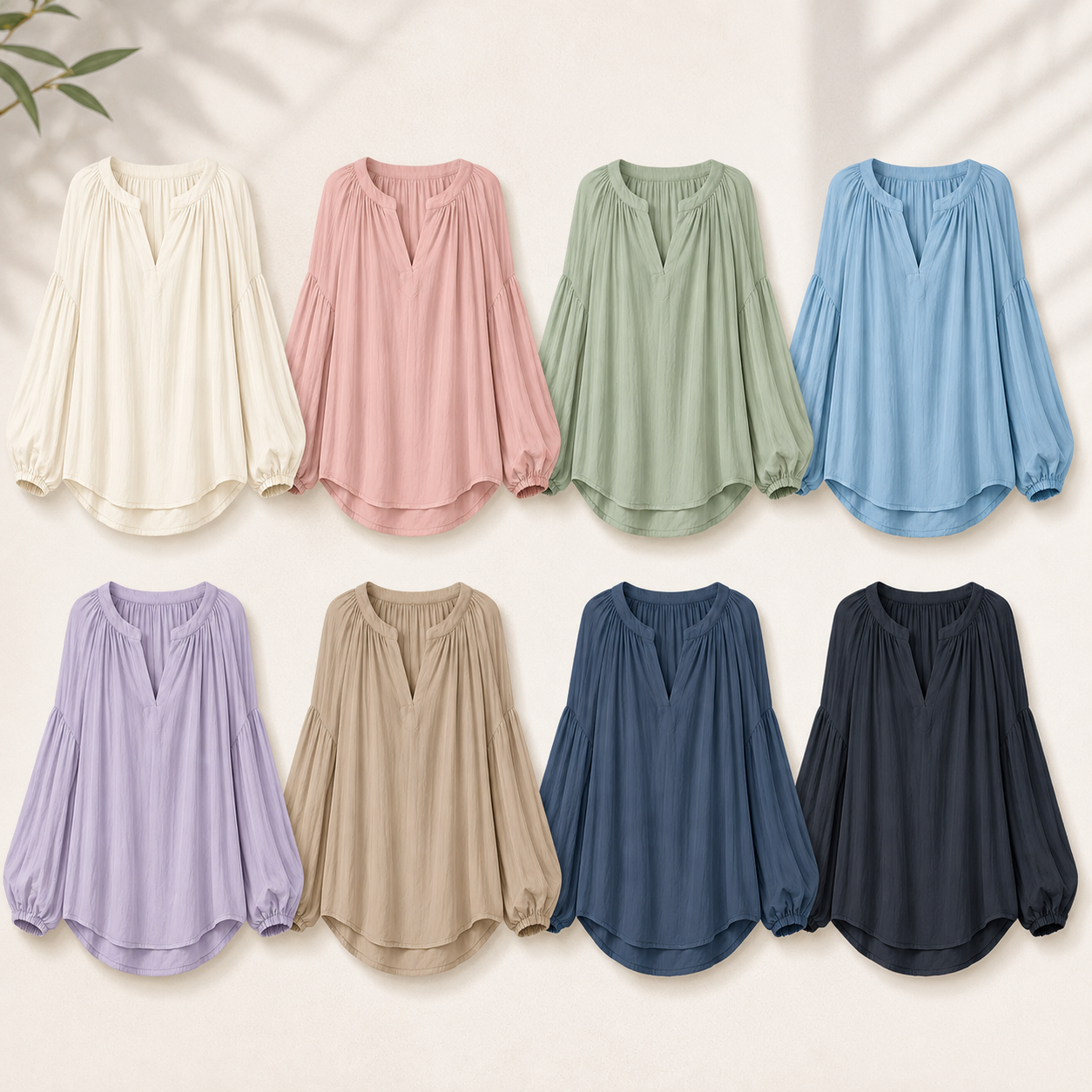 Women’s Relaxed Crinkle Split V-Neck Balloon Sleeve Blouse Pack