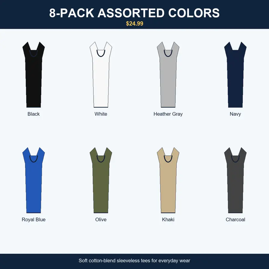 8 pack assorted color sleeveless t-shirts