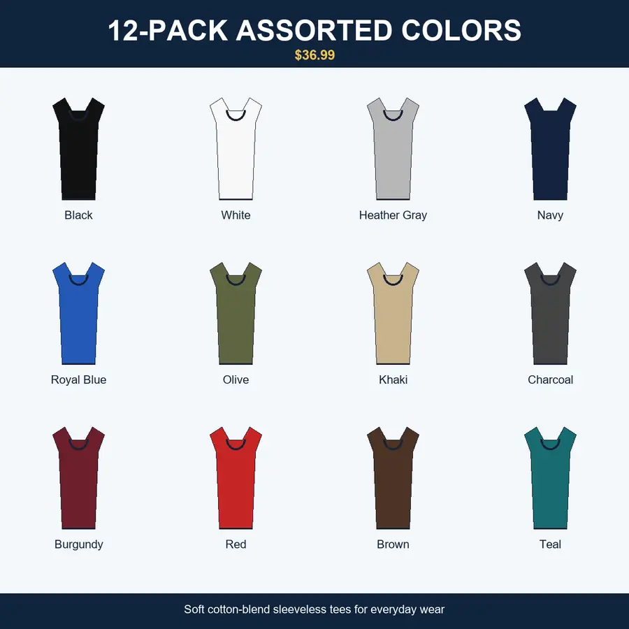 12 pack assorted color sleeveless t-shirts