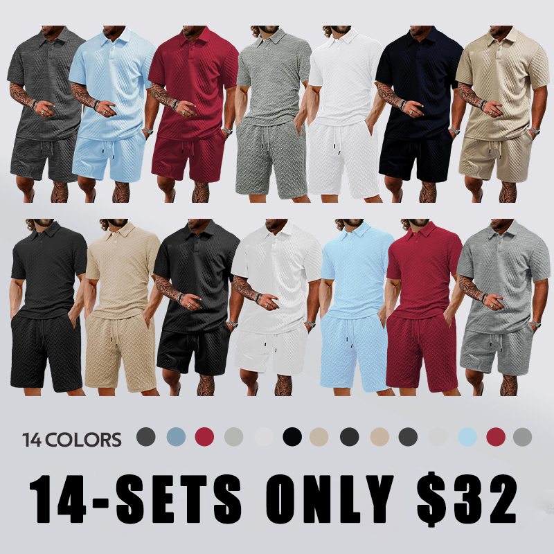 Men's Summer Casual Textured Polo Shirt and Shorts Two-Piece Set