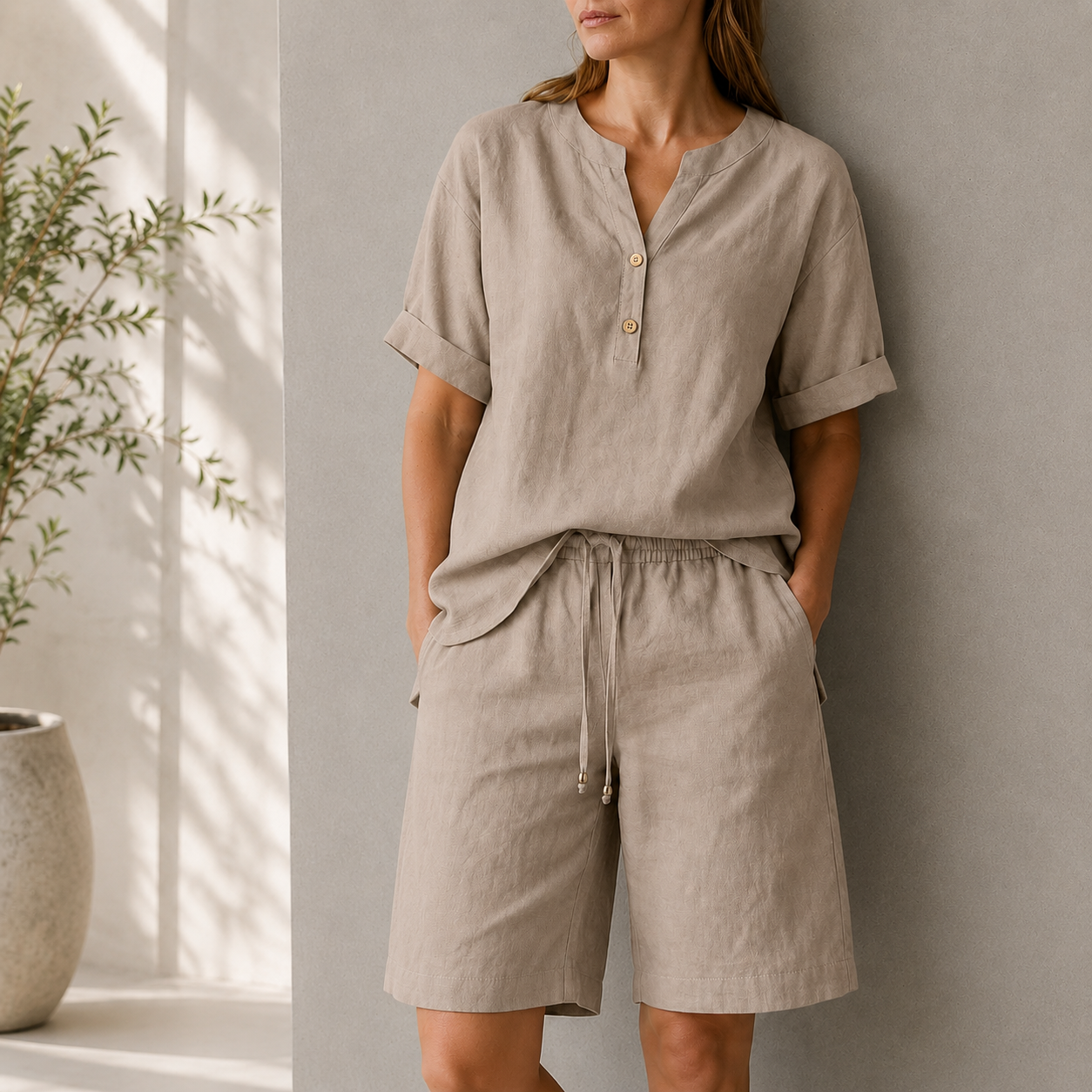 Warm Taupe relaxed top and shorts set