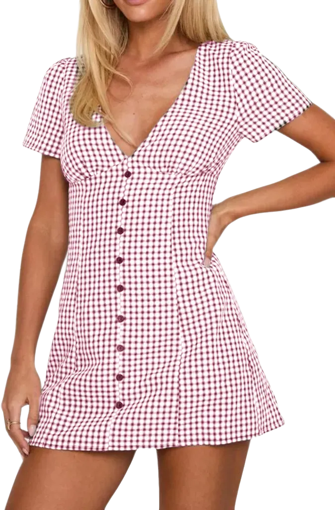 Women's Plaid Print Button Decor V Neck Shortsleeve