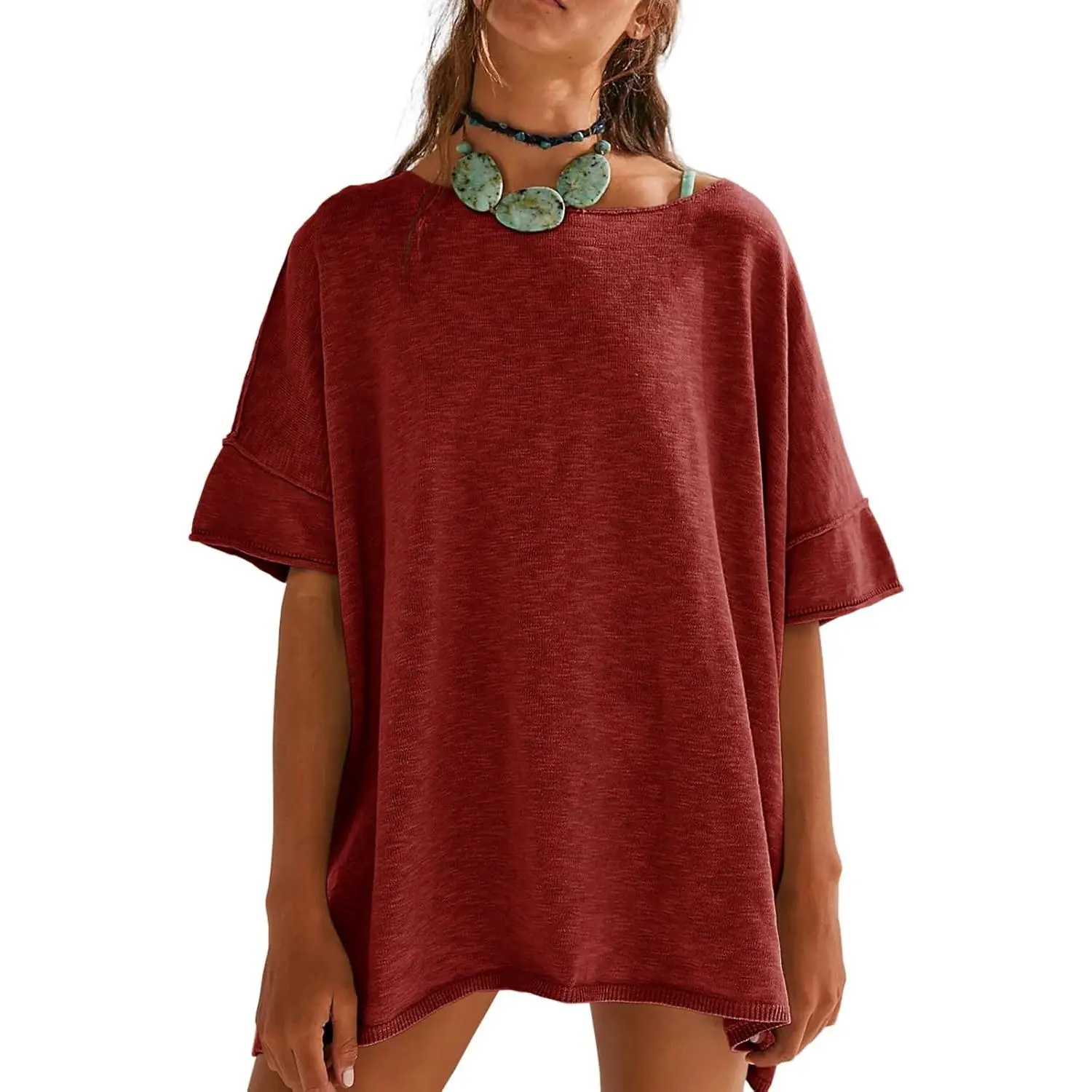 Women's Oversized T Shirts Casual Summer Crew Neck Loose Dropped Short Sleeve Side Slit Hem Blouse Tunic Tops Sweater Tee