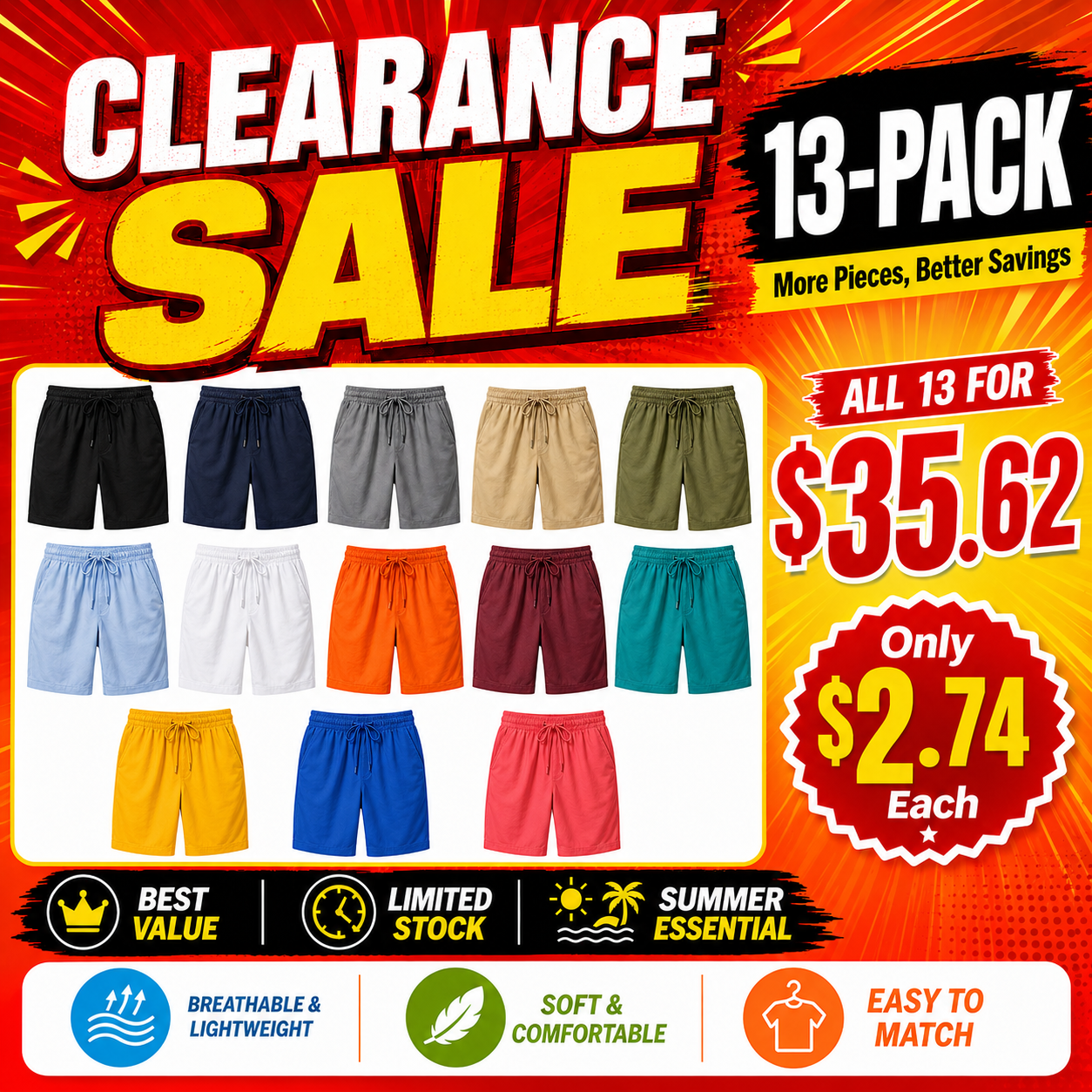 Clearance Sale Men's Breathable Drawstring Shorts, Comfortable Summer Casual Athletic Shorts with Pockets, Lightweight Beach Vacation Lounge Wear