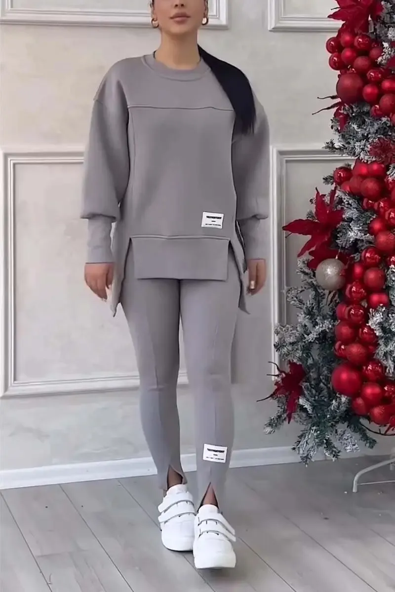 ⏰Winter Clearance Sale - 80% Off 🔥Women's Casual Solid Color Round Neck Long Sleeve Slit Hem Sweatshirt Leggings Set