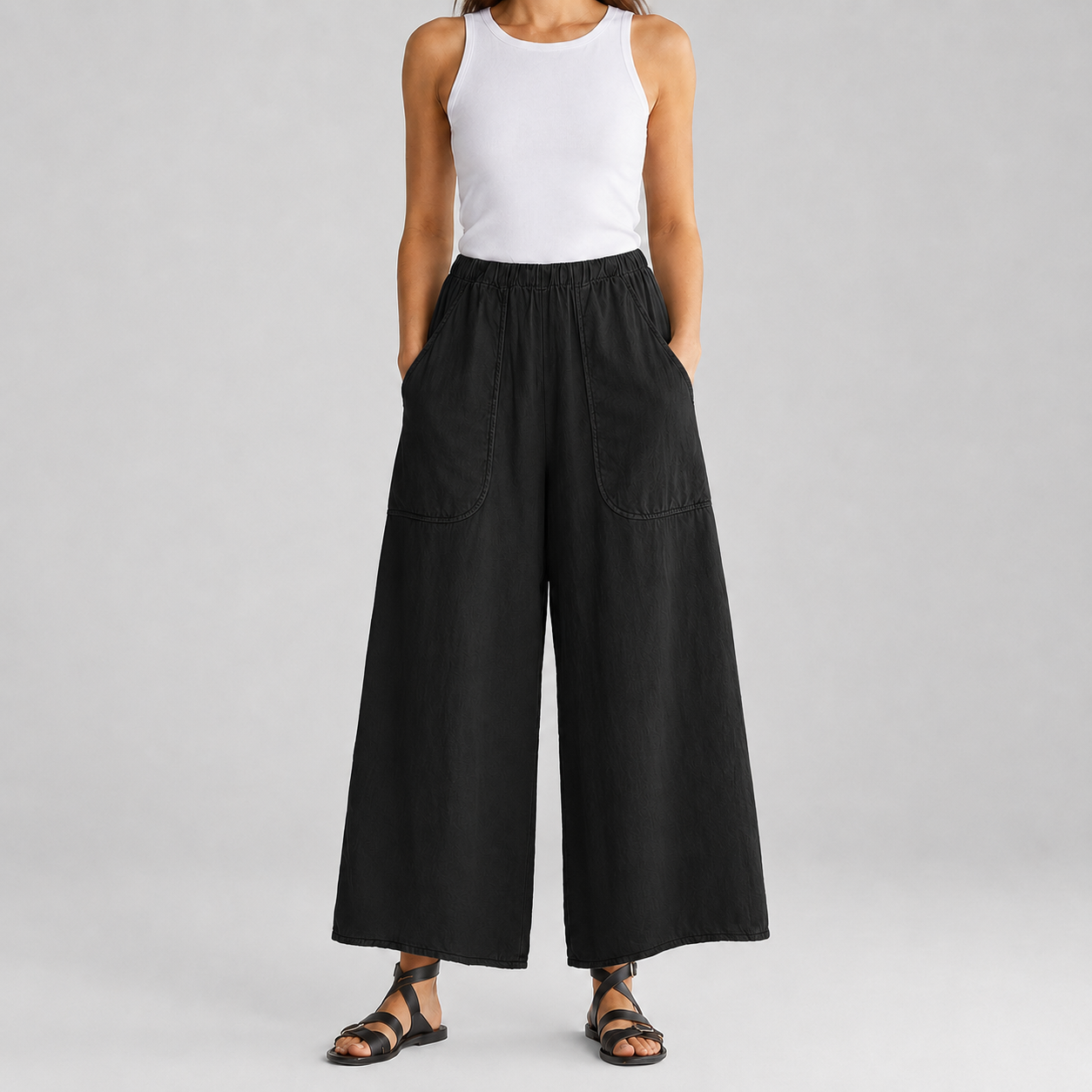 Classic black women's wide-leg pull-on pants