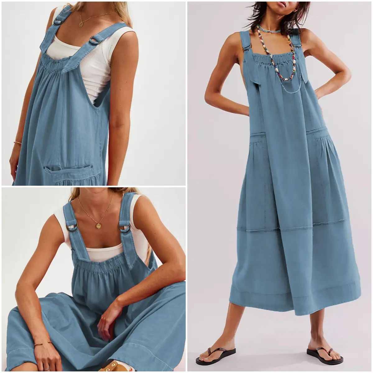Sleeveless Strappy Maxi Dress with Big Pockets & Adjustable Straps