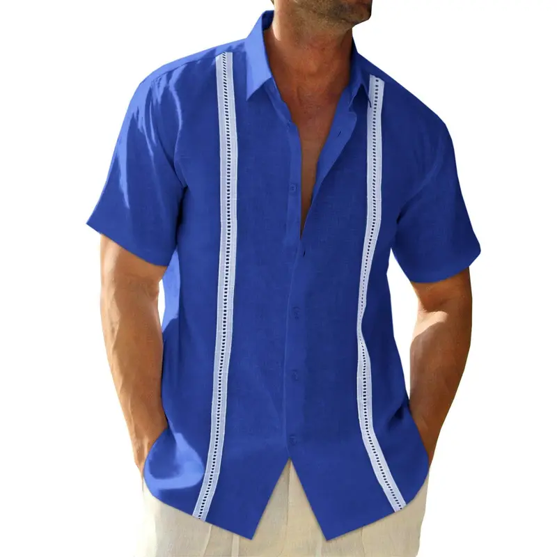Mens Linen Cuban Guayabera Shirts Button Down Short Sleeve Shirt Cotton Hippie Summer Beach Vacation Shirts Casual Shortsleeve