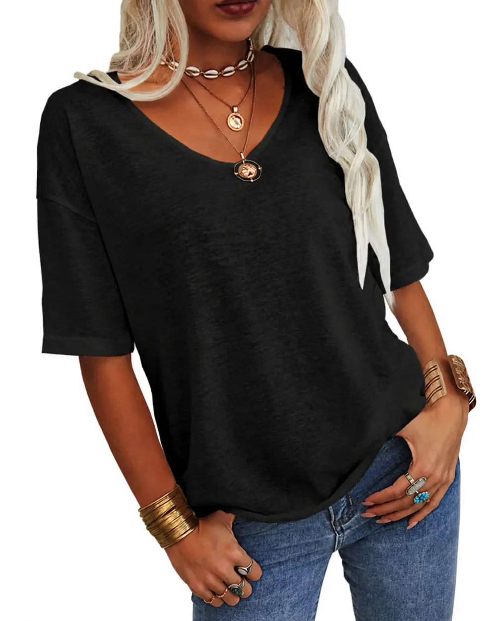 🔥7 SETS ONLY $24! WOMEN'S BASIC V-NECK SHORT SLEEVE TOP