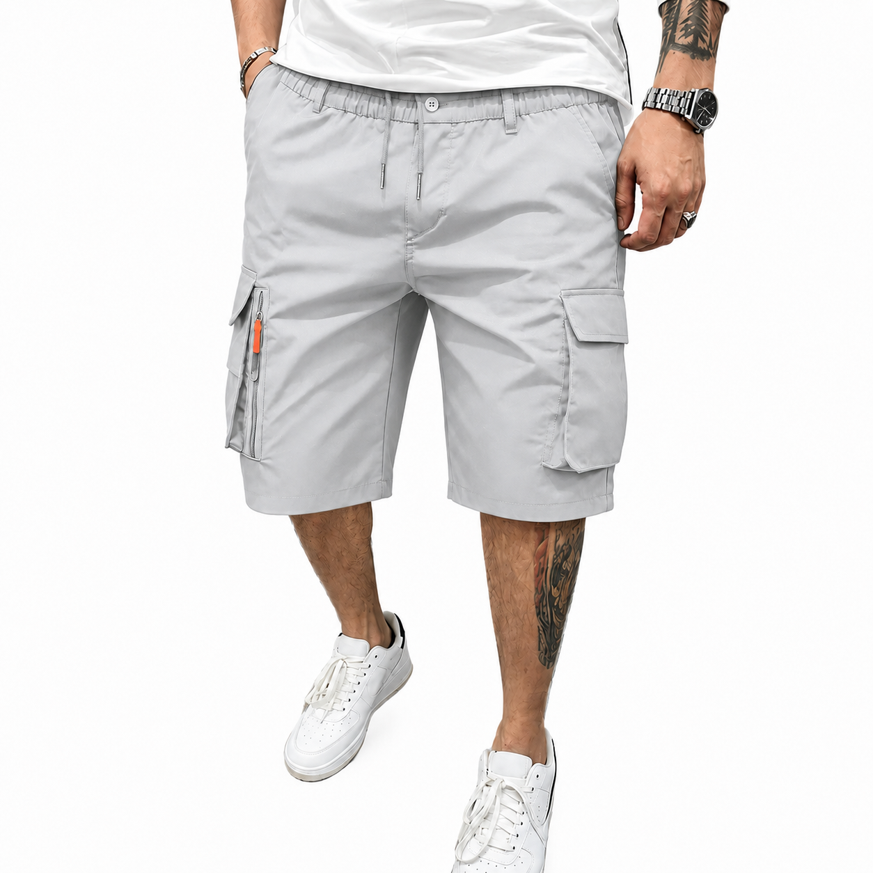 Men's Athleisure Cargo Shorts (8-Pack) — Multi-pocket design, elastic drawstring waistband, decorative faux fly; suitable for outdoor hiking, daily running, and commuting.