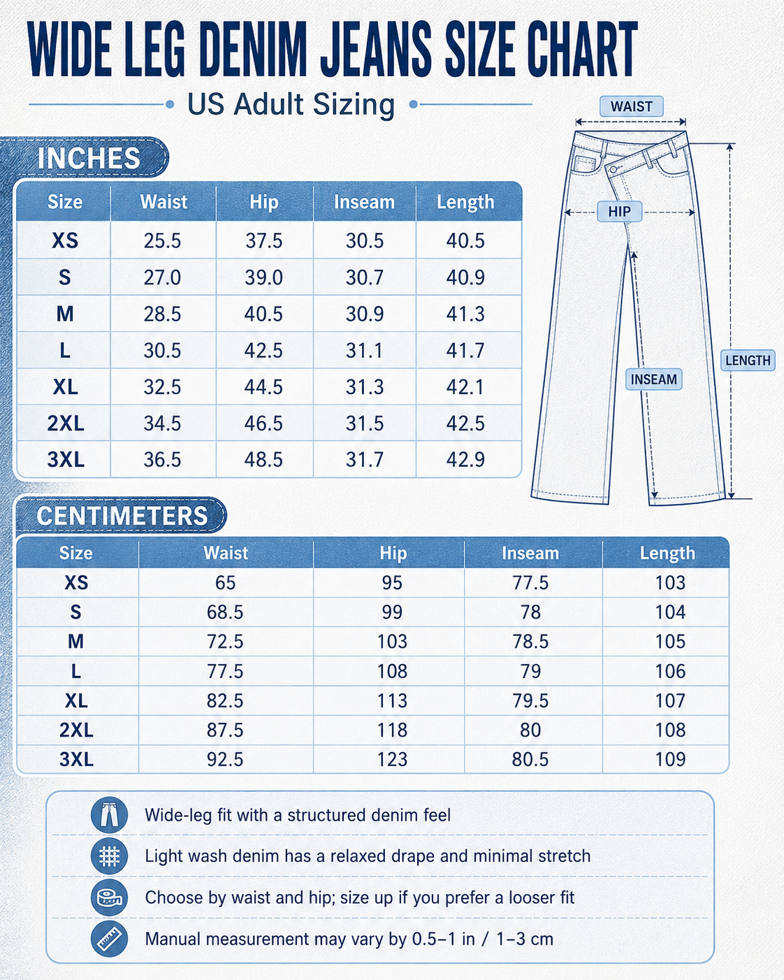 Wide leg denim jeans size chart