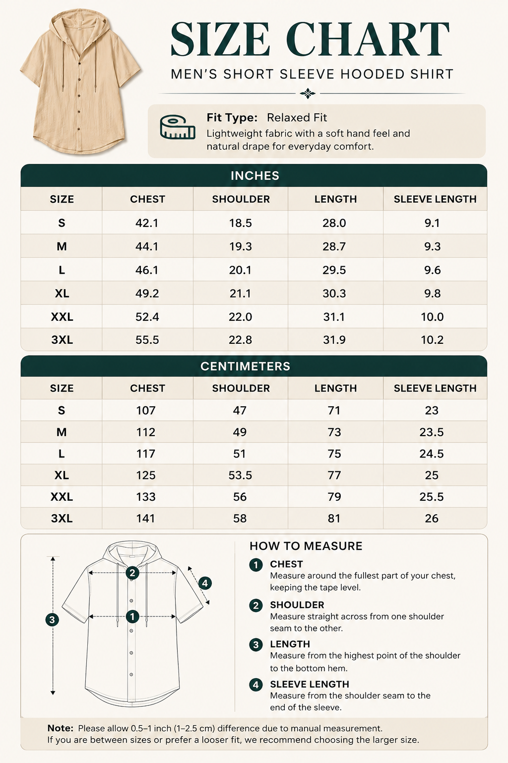 Men hooded button-front textured shirt size chart