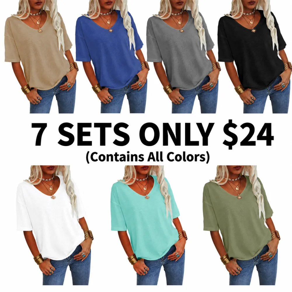 🔥7 SETS ONLY $24! WOMEN'S BASIC V-NECK SHORT SLEEVE TOP