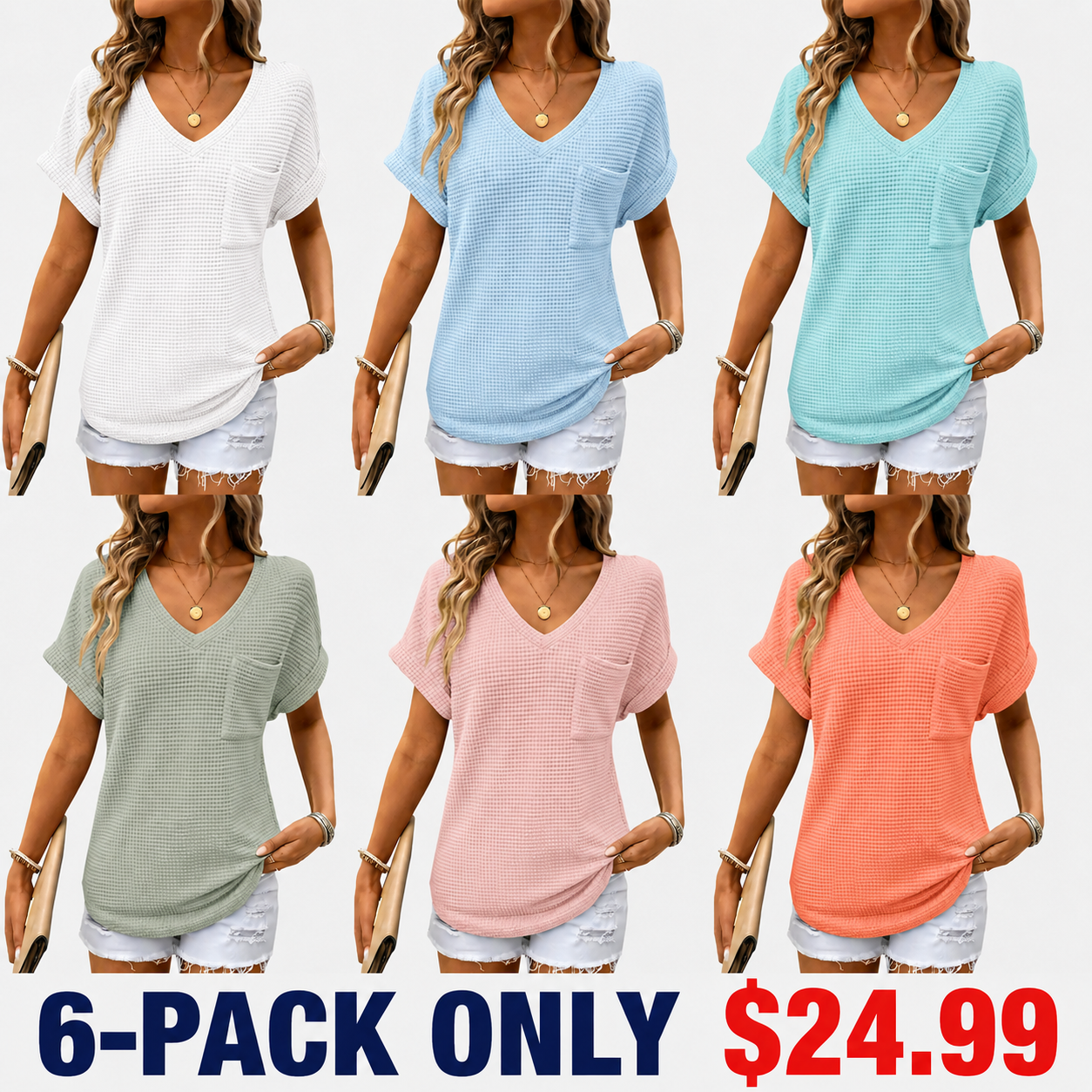 Women's Waffle Knit V-Neck Casual Summer Tops - Lightweight & Breathable Basic Tee for Beach, Party, Work