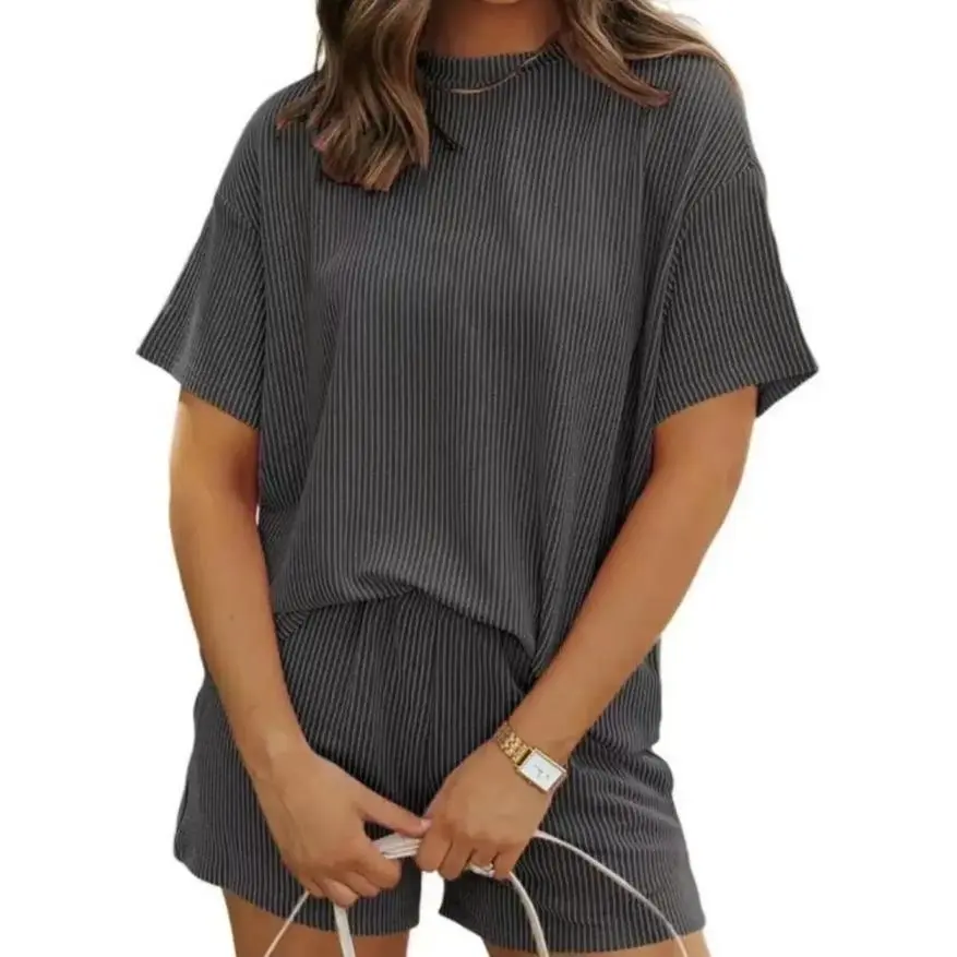 Summer Women's Ribbed Knit Lounge Set - Short Sleeve Crew Neck Top & High Waisted Shorts with Pockets, Soft Pajamas Loungewear Mother's Day Gift
