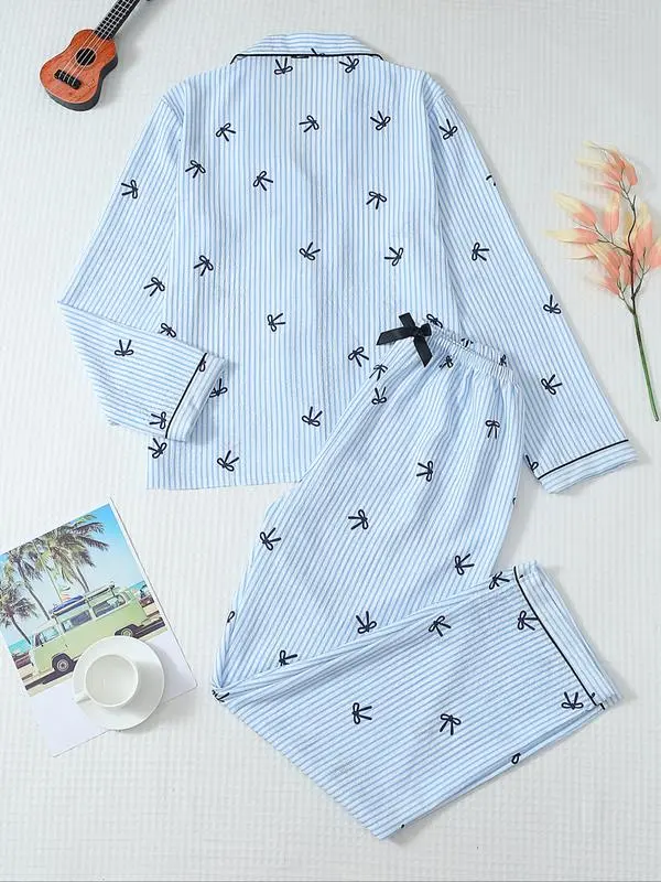 Women's Striped Bow Print LongSleeve Pajama Set, Sweet CuteButton Front Top and Pants
