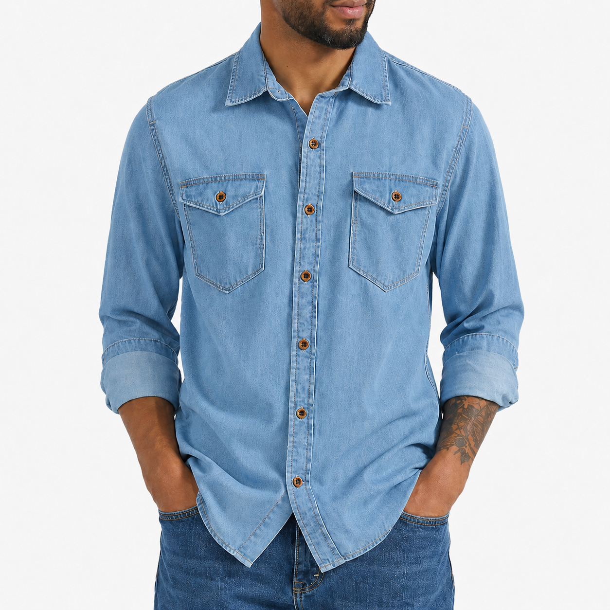 Light wash blue washed denim button-up shirt