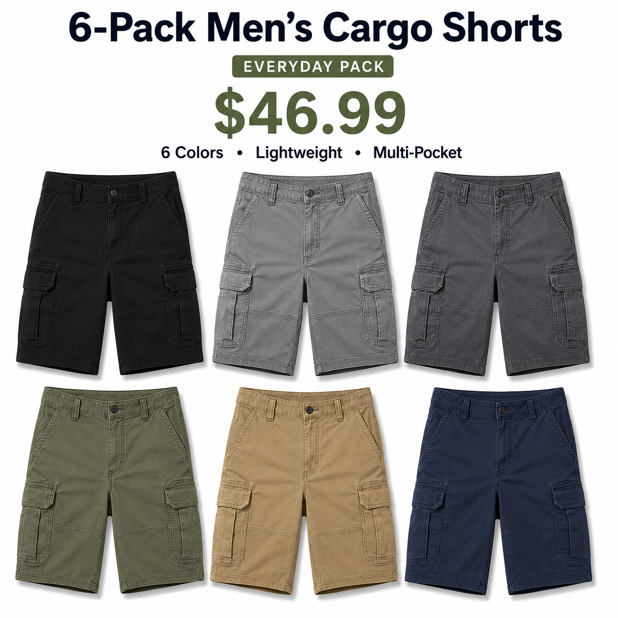 6-Pack Men's Lightweight Cargo Shorts - Everyday Pack