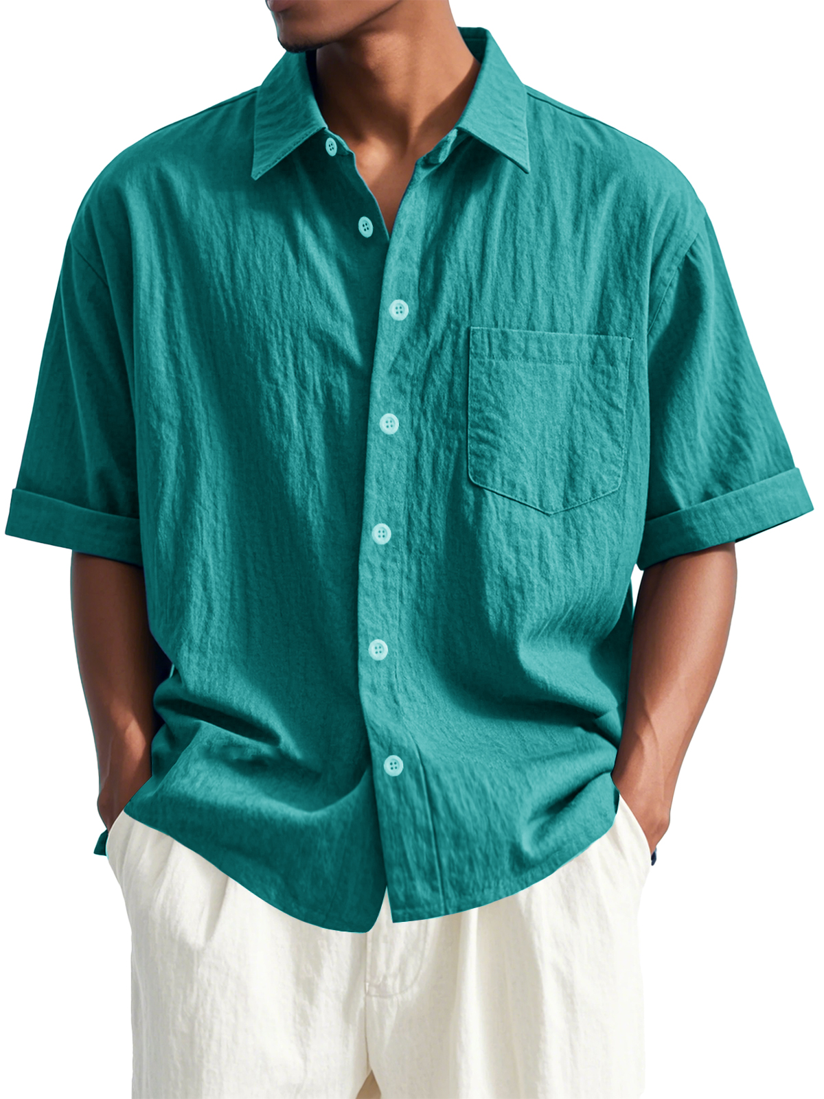 👉 Extra Savings on 2+ Packs Men's Fashion Casual Pleated Fabric Short Sleeve Lapel Pocket Shirt