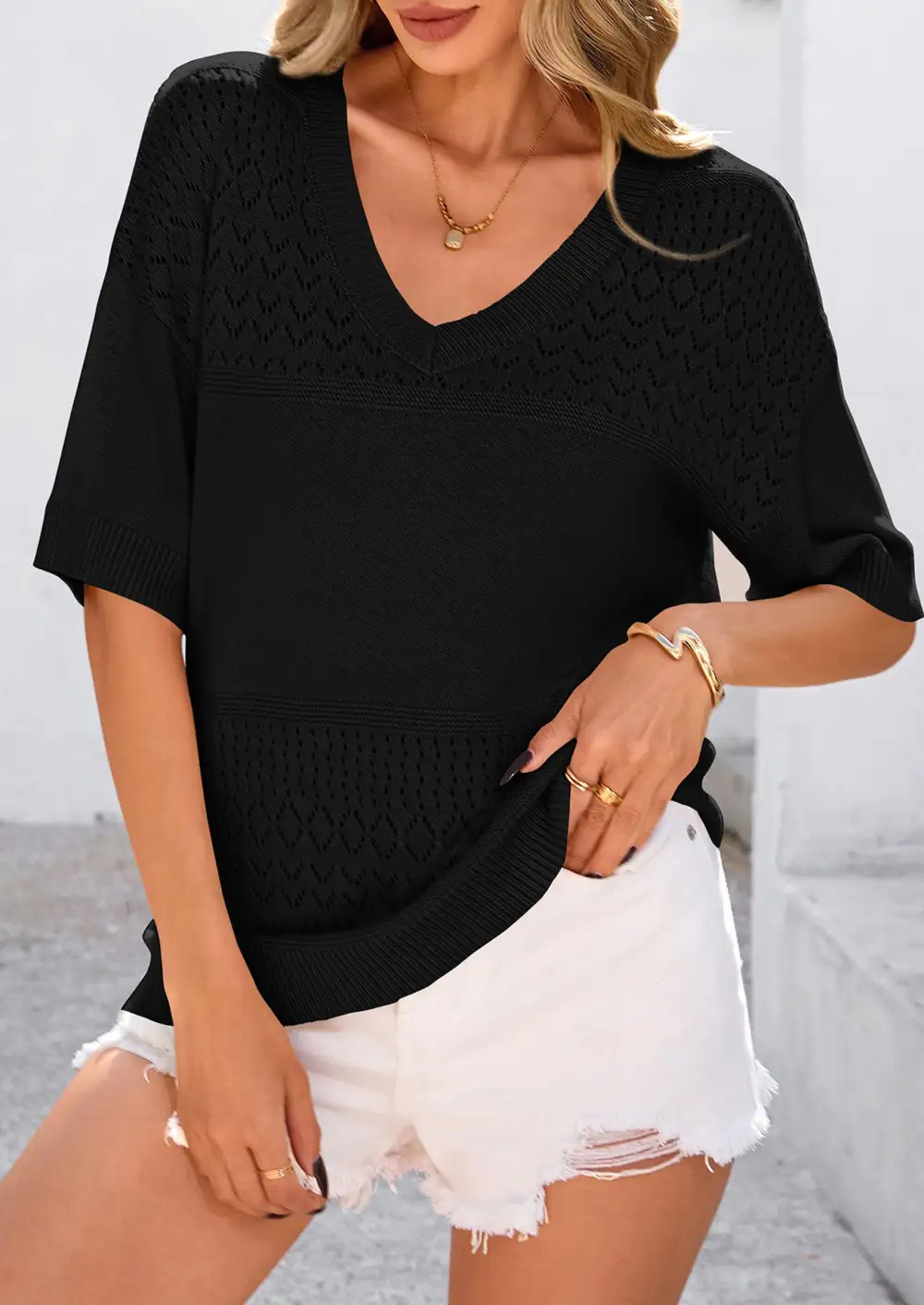 Women's ShortSleeve Sweater Tops SpringSummer Casual V Neck Ribbed KnitTrendy Eyelet Blouse T Shirts