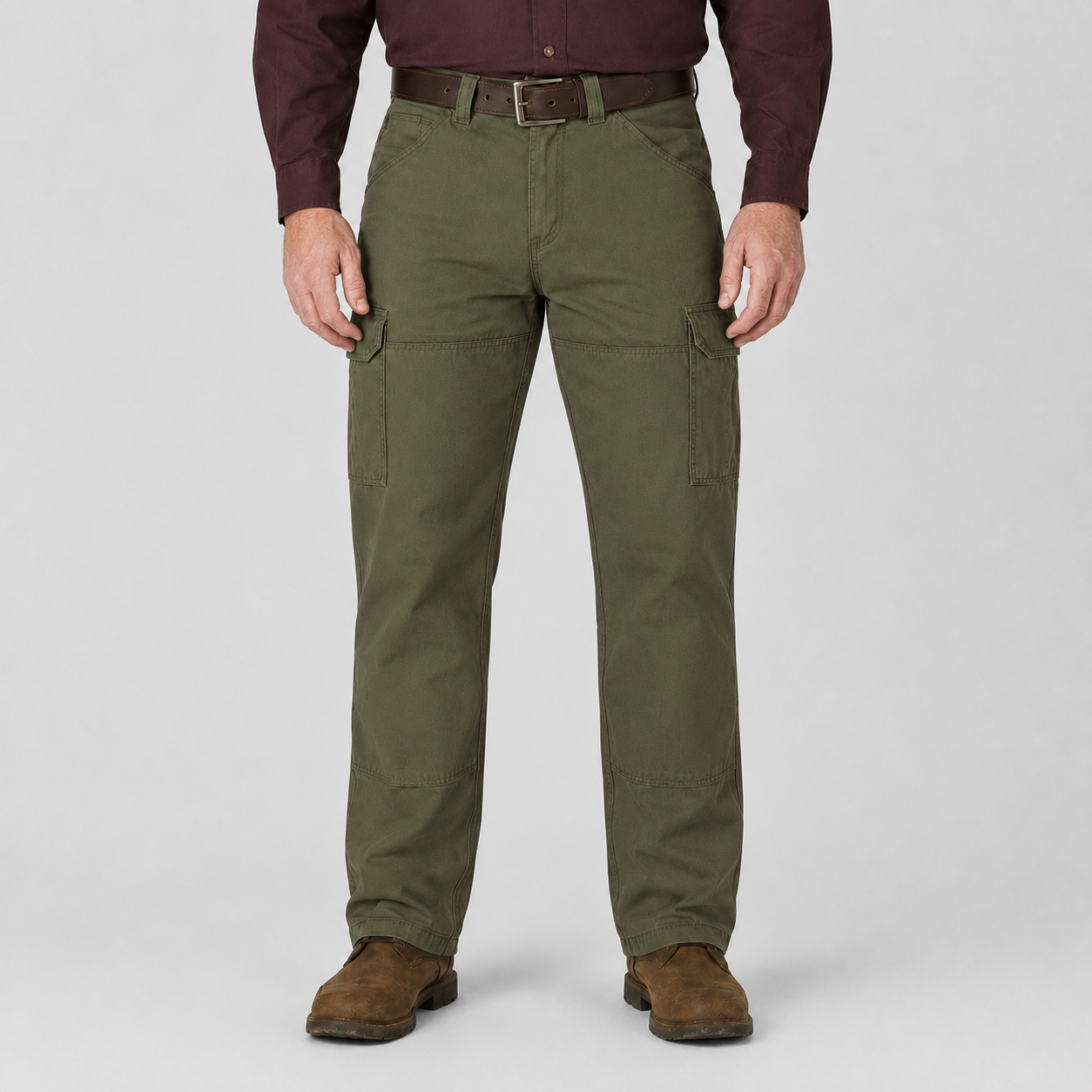 Olive drab relaxed-fit cargo utility pants front view