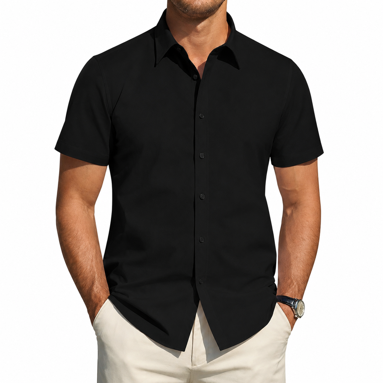 Men's Short Sleeve Dress Shirts Stretch Stain Shield Casual Button Down Shirts