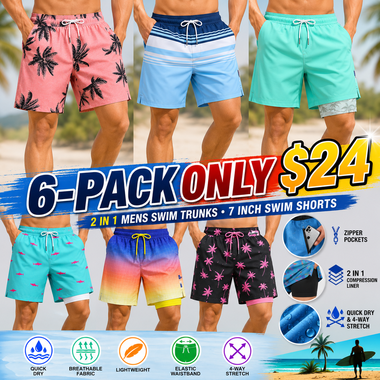 2 in 1 Mens Swim Trunks 7 Inch Swim Shorts