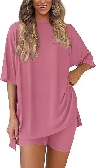 🔥Women's Two Piece Lounge Set Summer Casual Oversized Shirts Biker Shorts