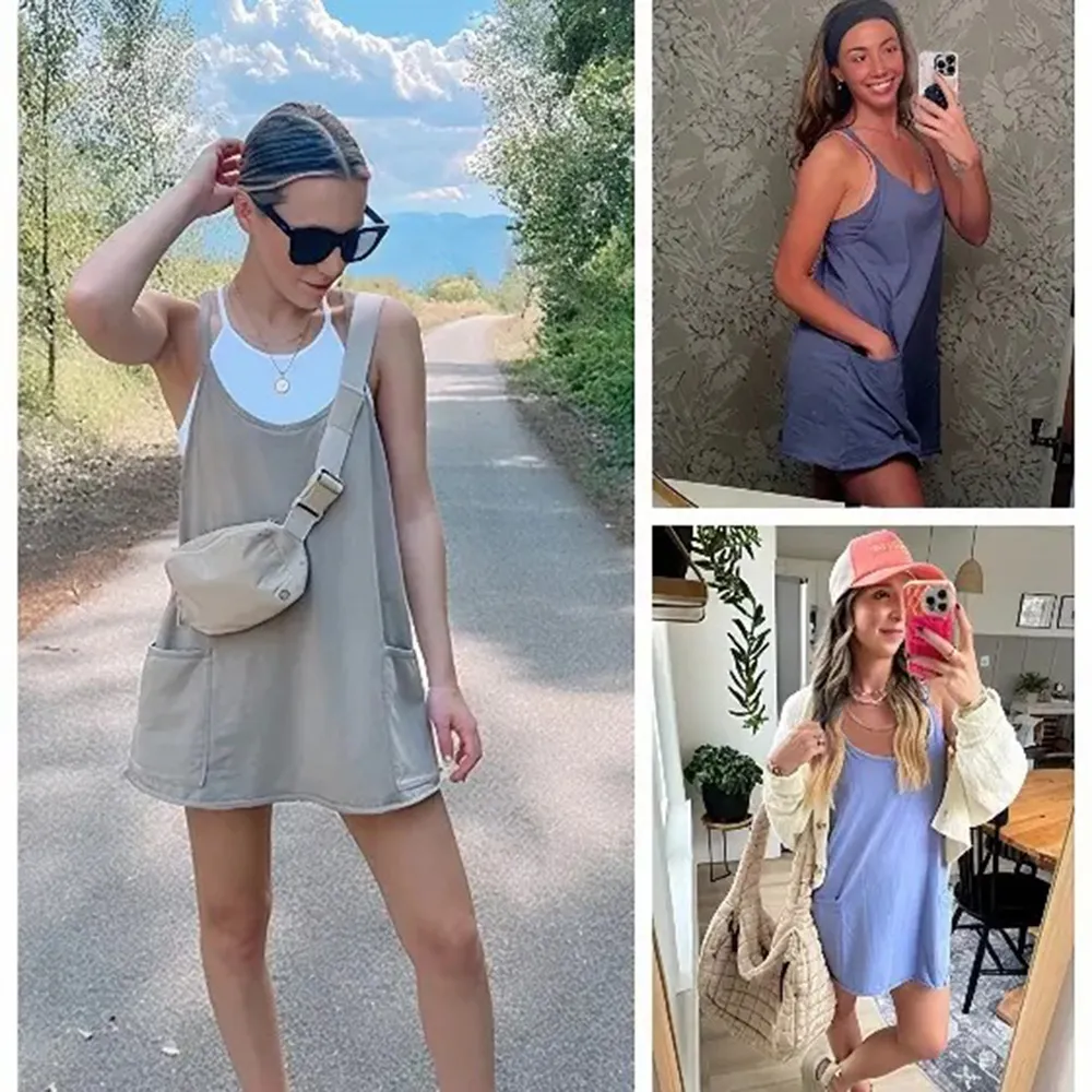 Women's Mini Dress V Neck Spaghetti Straps Built-in Shorts