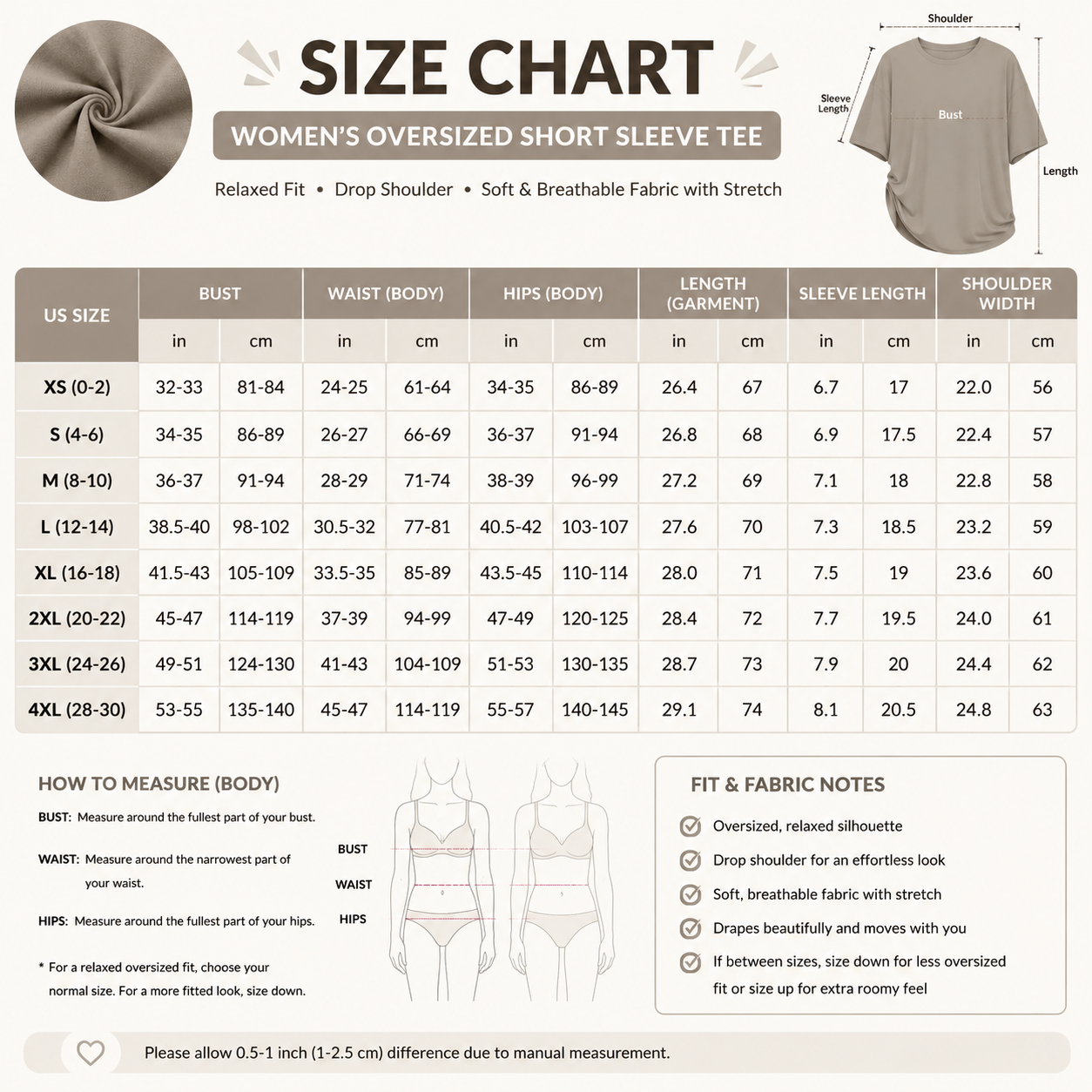 Women’s oversized short sleeve tee size chart